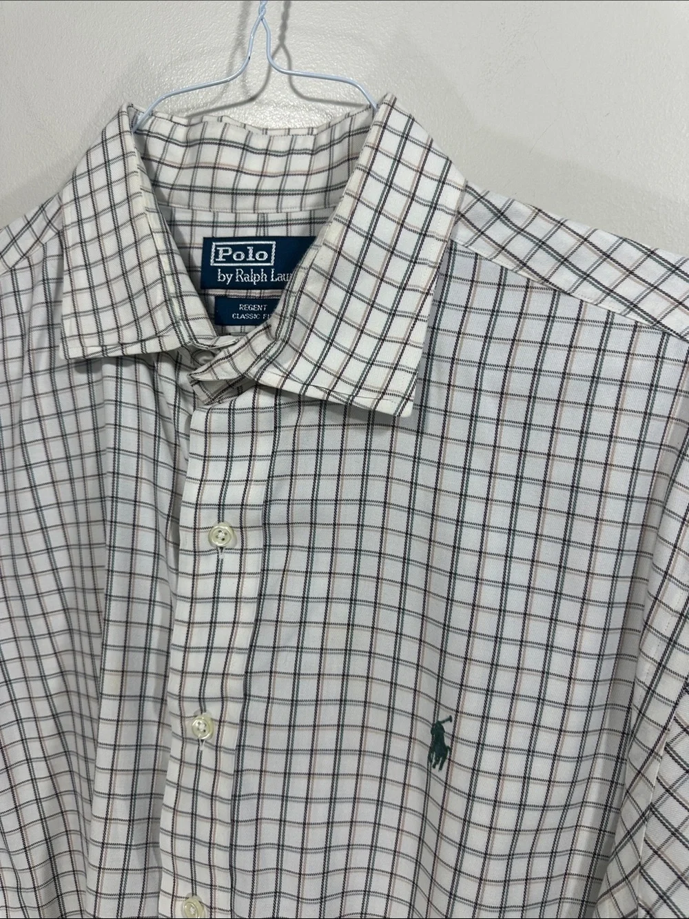 Polo by Ralph Lauren White Dress Shirt with Navy & Brown Windowpane XL